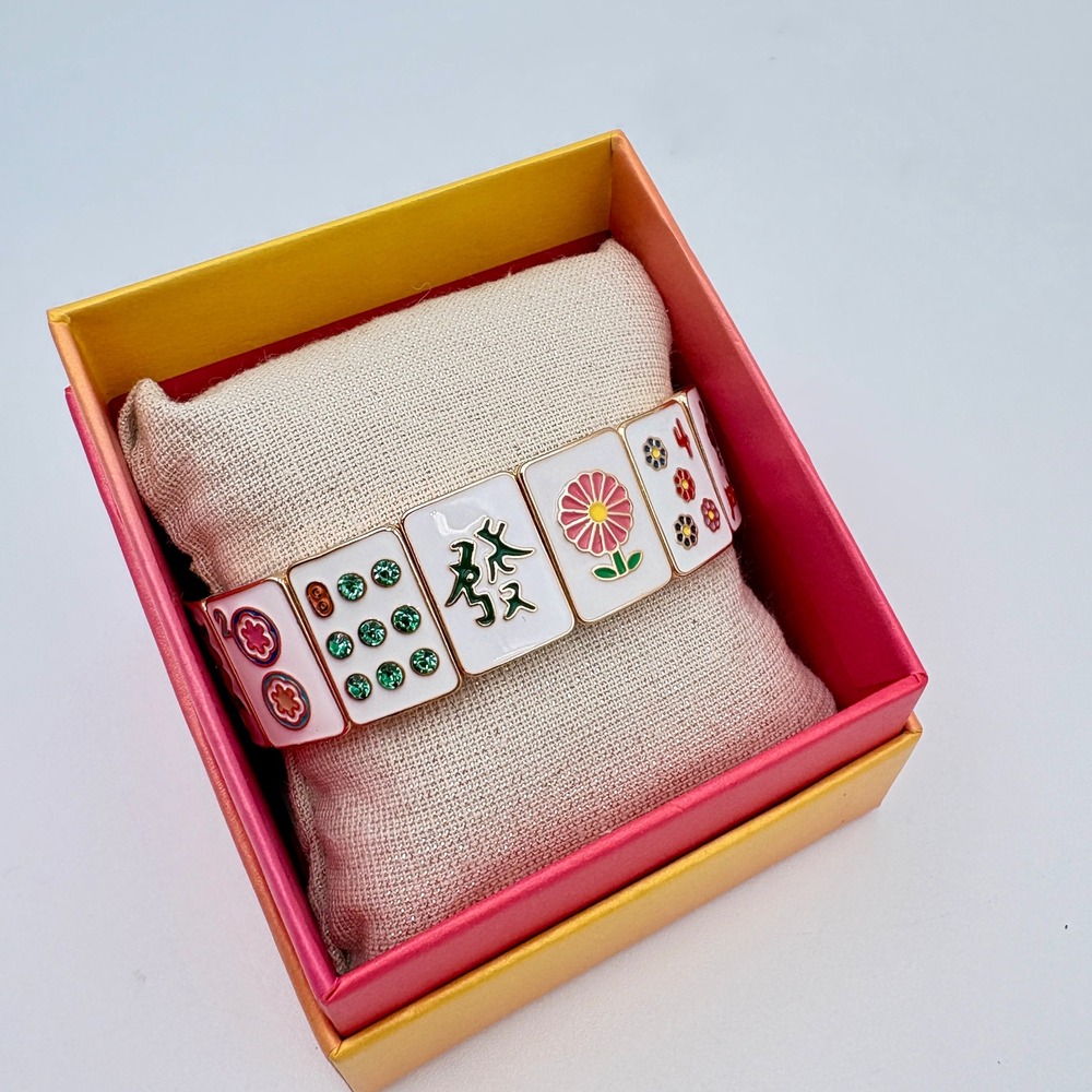 Piper K Mahjong Tile Stretch Bracelet Hand Painted Enamel Glass Stones Gold Tone